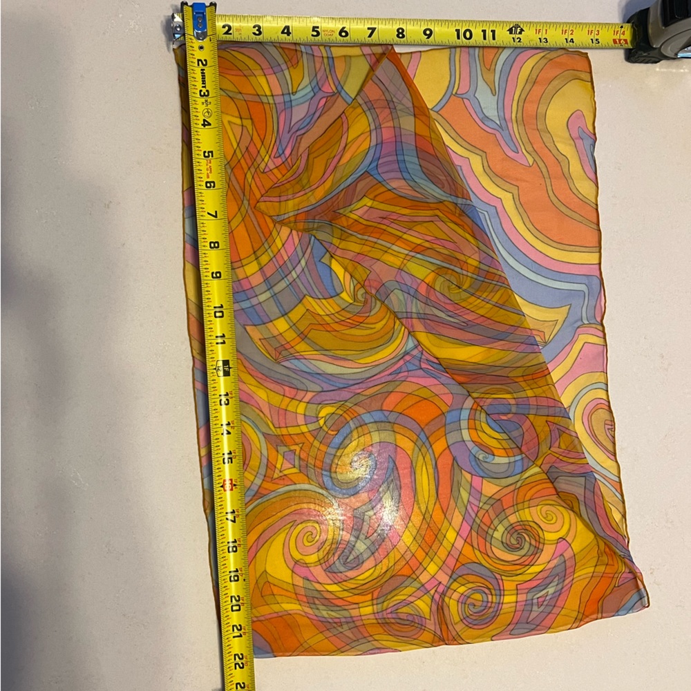 Sheer Paisley 1970s Mod Scarf /Ponytail Tie/Wrap Orange/Pink/Blue/Yellow 15βx44β - Picture 4 of 16